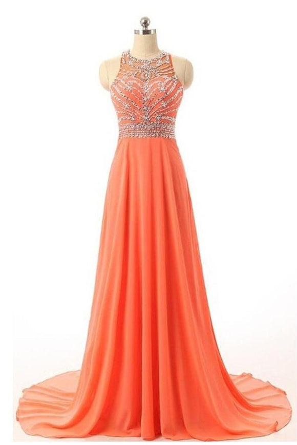 Pretty Cap Sleeves Orange Long Chiffon Beading Prom Dresses PFP1202