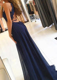 Navy Blue A Line Split Long Chiffon Open Back Prom Dresses PFP0301
