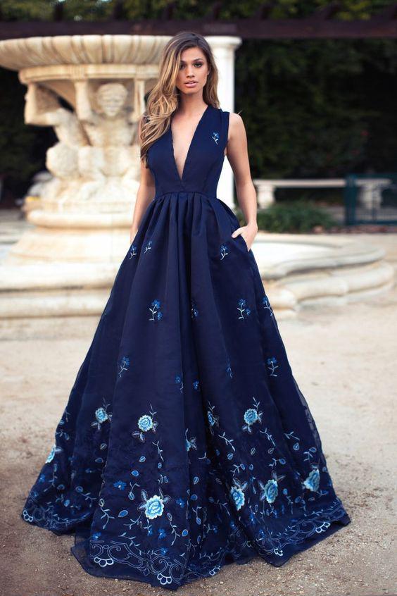 Elegant A-Line Deep V-Neck Navy Blue Long Prom Dress with Appliques Pockets PFP0303