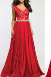 Sexy V-neck Long Satin Lace Red Simple Open Back Prom Dresses PFP1204
