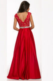 Sexy V-neck Long Satin Lace Red Simple Open Back Prom Dresses PFP1204