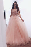 A-Line Pearl Pink Tulle V Neck Long Prom Dress with Sequins PFP0304