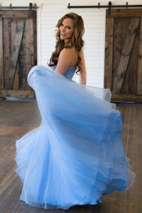 Sky Blue Tulle Long Sweetheart A line Lace Top Prom Dresses PFP0306