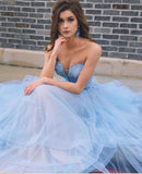 Sky Blue Tulle Long Sweetheart A line Lace Top Prom Dresses PFP0306