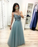A Line Tulle Floor Length Prom Dresses Beaded Long Evening Dress PFP0520