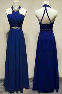 Royal Blue Halter Beading Backless Pretty Long Prom Dresses PFP1207