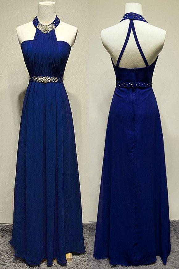 Royal Blue Halter Beading Backless Pretty Long Prom Dresses PFP1207