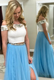 Two Piece Off the Shoulder Pink Blue Long Lace Beading Prom Dress with Side Slit PFP0308