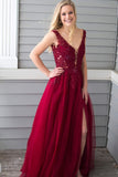 Princess Beading A Line V Neck Red Chiffon Long Prom Dress with Side Slit PFP0309