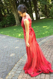 Red Lace Tulle Long Bow Sash Charming Prom Dresses PFP1210