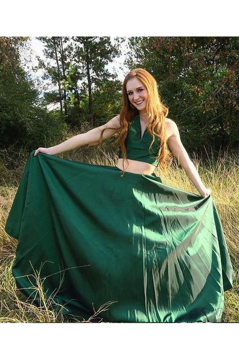 Green Two Pieces A Line Simple Long V Neck Prom Dresses PFP0310