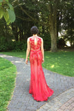 Red Lace Tulle Long Bow Sash Charming Prom Dresses PFP1210