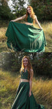 Green Two Pieces A Line Simple Long V Neck Prom Dresses PFP0310
