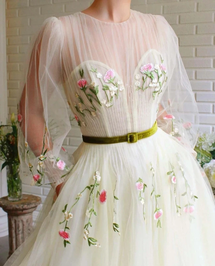 Promfast A-line Long Sleeves Tulle Long Prom Dress With Embroidery PFP