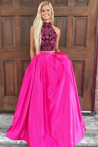 Two Piece High Neck Open Back Satin Hot Pink Prom Dress with Beading PFP0311
