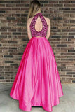 Two Piece High Neck Open Back Satin Hot Pink Prom Dress with Beading PFP0311