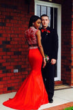 Red Beading 2 Pieces High Neck Long Mermaid Prom Dresses PFP1213