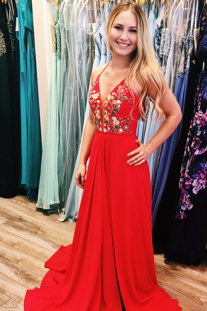 Simple Red White Chiffon Long Floral Prom Dress with Side Slit PFP0312 –  Promfast