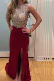 Backless Long Beading Front Split Sexy Prom Dresses PFP1215