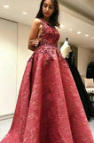 Modest A-Line Round Neck Backless Sweep Train Lace Prom Dress with Appliques PFP0313