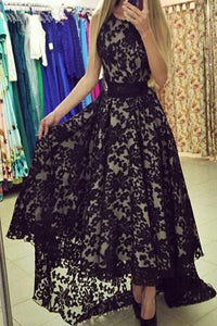 Modest Black Lace Long High Low Charming Prom Dresses PFP1216