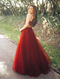 Red Tulle A Line V Neck Spaghetti Straps Appliques Long Prom Dress PFP0314