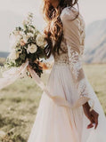 A Line Long Sleeve Lace Appliqued Ivory Beach Wedding Dress PFW0018