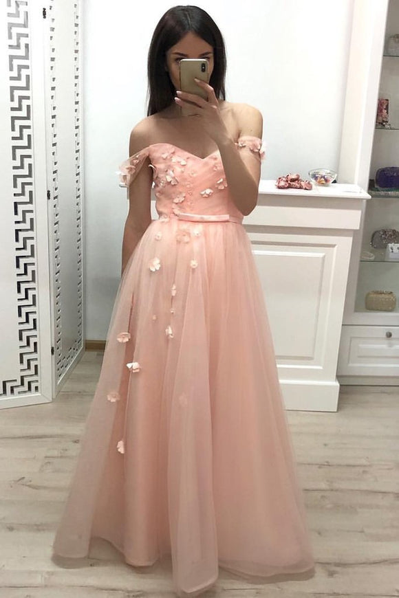 A Line Off the Shoulder Long Prom Dresses, Pleats Prom Gown With Flowers