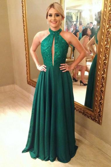 Charming A-Line Jewel Green Keyhole Open Back A Line Prom Dress with Beading PFP0315
