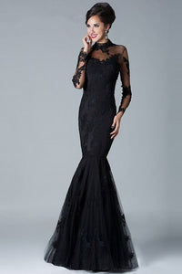 Charming Long Sleeves High Neck Black Lace Mermaid Prom Dresses PFP1218