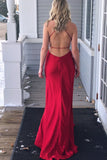 Simple Red V-Neck Spaghetti Straps Slit Side Formal Prom Dresses PFP0316