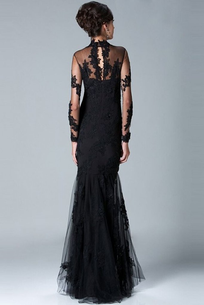 Charming Long Sleeves High Neck Black Lace Mermaid Prom Dresses PFP121 ...