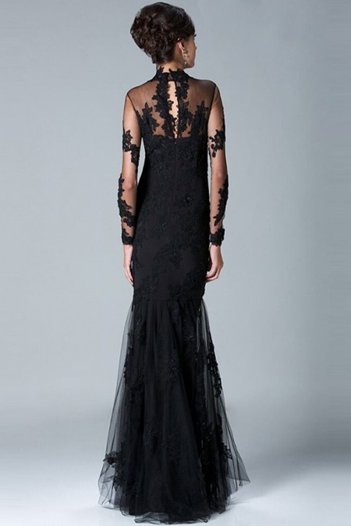 Mermaid Gown Black Prom Dress With Lace Sleeves Charming Long