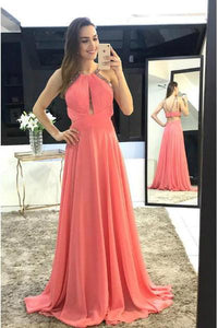 Modest Scoop A-Line Long Watermelon Chiffon Long Sleeveless Prom Dresses PFP0318
