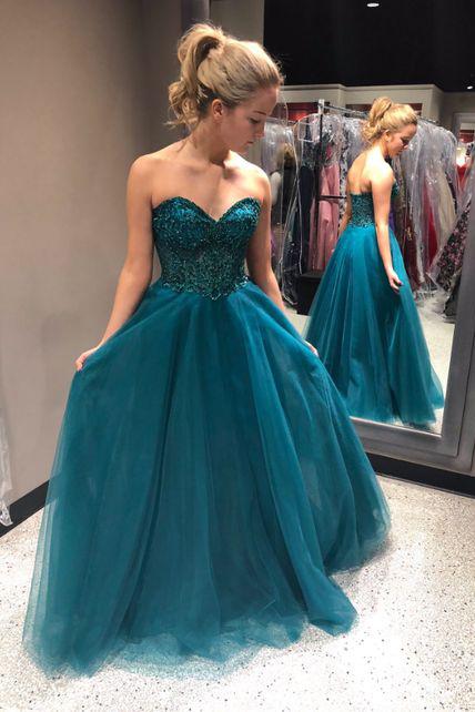 Sweetheart Beading A-Line Long Blue Tulle Cheap Prom Dresses PFP0319