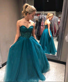 Sweetheart Beading A-Line Long Blue Tulle Cheap Prom Dresses PFP0319