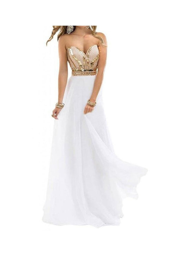 Strapless Long Chiffon White Elegant Open Back Beading Prom Dresses PFP1220