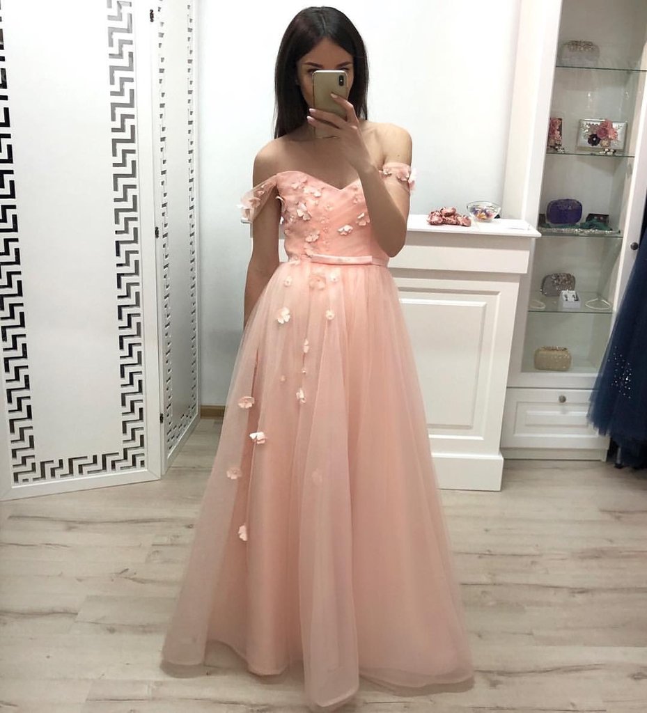 A Line Off the Shoulder Long Prom Dresses, Pleats Prom Gown With Flowe –  Promfast