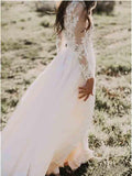 A Line Long Sleeve Lace Appliqued Ivory Beach Wedding Dress PFW0018