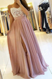 Promfast Spaghetti Strap Dusty Pink Appliques Prom Dresses with Slit Lace Bodice PFP1884