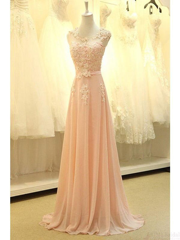 Modest Blush Pink Pretty Long Lace Cap Sleeves Prom Dresses PFP1221