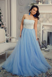 Princess Strapless Sky Blue Long Tulle A Line Prom Dress with White Lace PFP0324