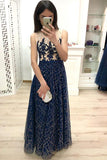 A Line Dark Blue Long Prom Dresses, Sequins Sleeveless Evening Dress