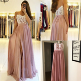 Promfast Spaghetti Strap Dusty Pink Appliques Prom Dresses with Slit Lace Bodice PFP1884