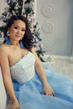 Princess Strapless Sky Blue Long Tulle A Line Prom Dress with White Lace PFP0324