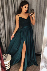 Dark Green Spaghetti Straps Split Lace Long Prom Dress PFP0325