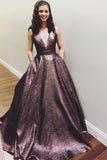 Elegant V Neck A Line Chocolate Long Prom Dress Ball Gown With Pockets PFP0326