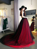 Burgundy Lace Tulle A Line Strapless Long Prom Dress PFP0327