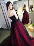 Burgundy Lace Tulle A Line Strapless Long Prom Dress PFP0327