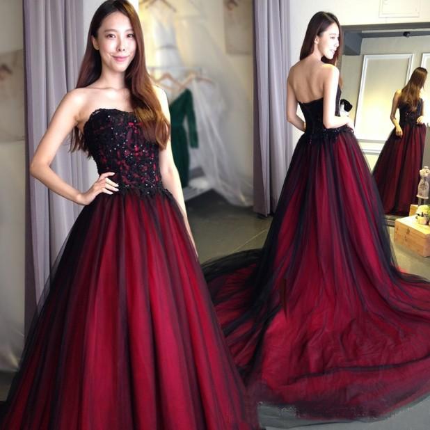 Burgundy Lace Tulle A Line Strapless Long Prom Dress PFP0327 – Promfast